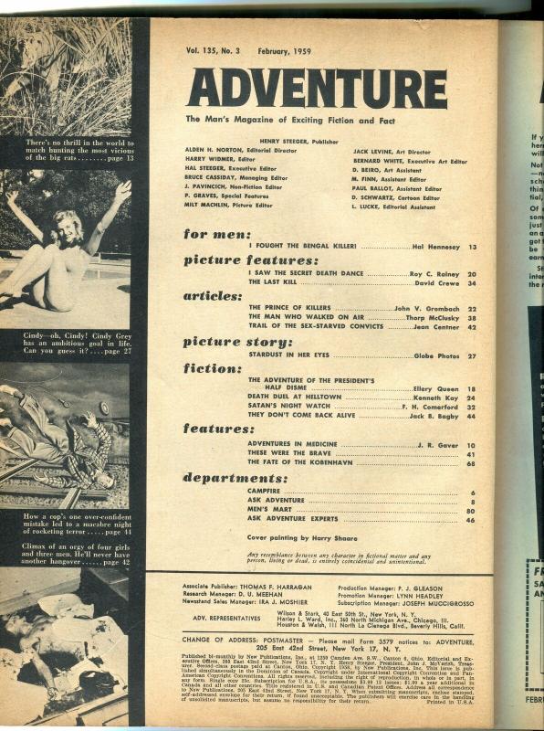 Adventure Magazine February 1959- Ellery Queen- Bengal Tiger- pulp VG