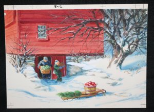 Original Christmas Greeting Card Art - Father & Son Load Sled at Snowy House