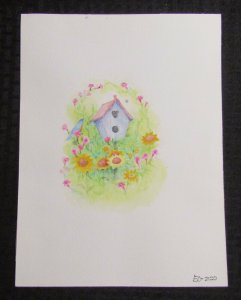 SPECIAL DAY Watercolor Birdhouse Bird & Flowers 9x12 Greeting Card Art #2122