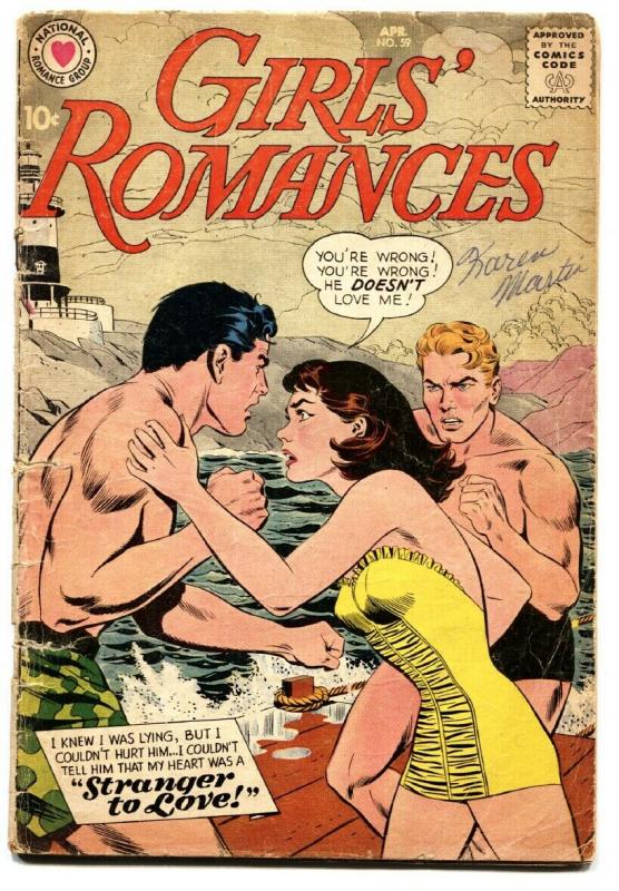 GIRLS' ROMANCES #59 comic book 1959-DC-SWIMSUIT COVER-STRANGER TO LOVE