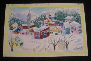 MERRY CHRISTMAS Colorful Town w/ City Hall Clock 10x7 Greeting Card Art #200-9