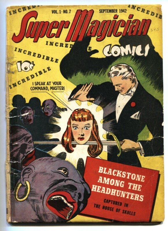 SUPER MAGICIAN v.1 #7 1942-Severed head cvr-natives-STREET & SMITH-BLACKSTONE