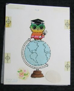 YOU MADE IT Cute Cartoon Owl in Cap on Globe 5.5x7 Greeting Card Art #G4375