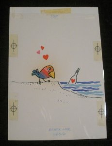 VALENTINE Cartoon Rainbow Bird w/ Message in Bottle 5x8 Greeting Card Art #V3436