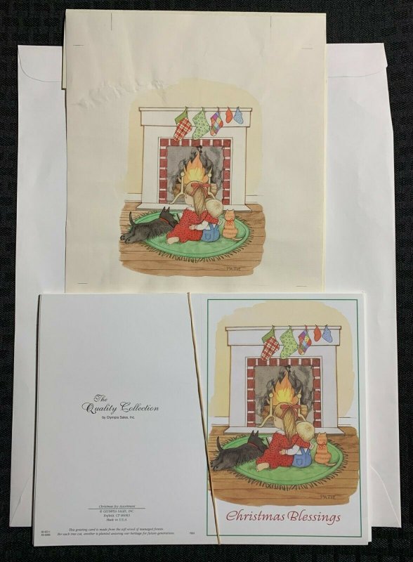 CHRISTMAS Children Dog Cat & Fireplace 8x10 Greeting Card Art #0065 w/ 15 Cards