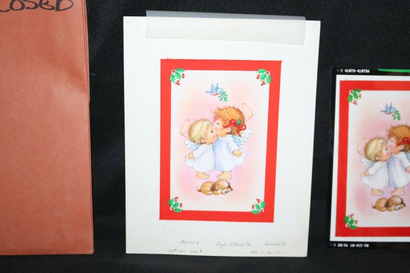 Original Christmas Greeting Card Art LOT - Two Cute Angels Kissing with Dog