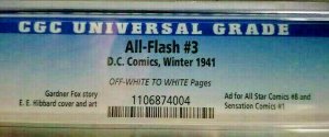 All-Flash #3 ~ 1941 DC~ CGC 6.0 (FN) All Star Comics #8 & Sensation Comics #1 Ad