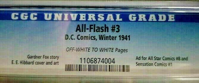 All-Flash #3 ~ 1941 DC~ CGC 6.0 (FN) All Star Comics #8 & Sensation Comics #1 Ad