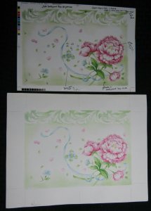 EASTER Pink Peony Flower w/ Blue Ribbon 13.5x10 Greeting Card Art #nn w/ 6 Stat