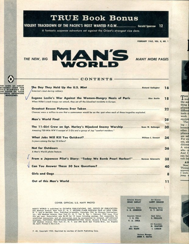 Man's World Magazine February 1962- Sgt Hurley- Pearl Harbor