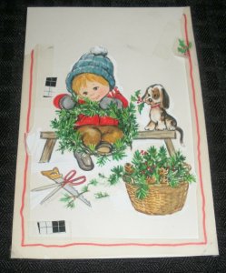 CHRISTMAS Cute Child Making Wreath w/ Puppy Dog 4x6 Greeting Card Art #15201