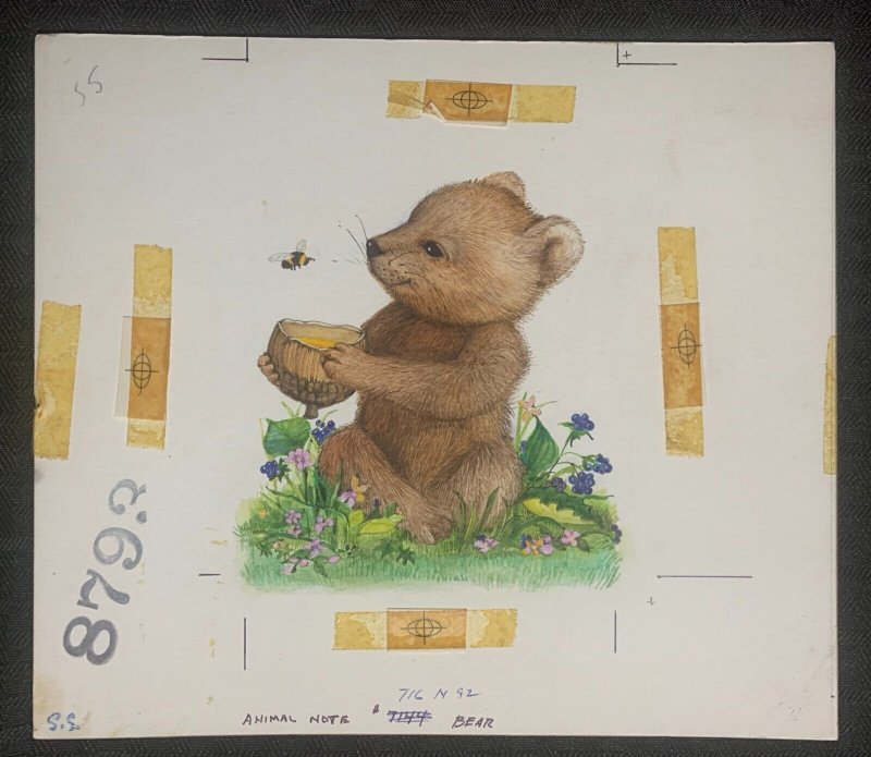 HI THERE Cute Teddy Bear w/ Honey Bee & Flowers 8x7 Greeting Card Art #716