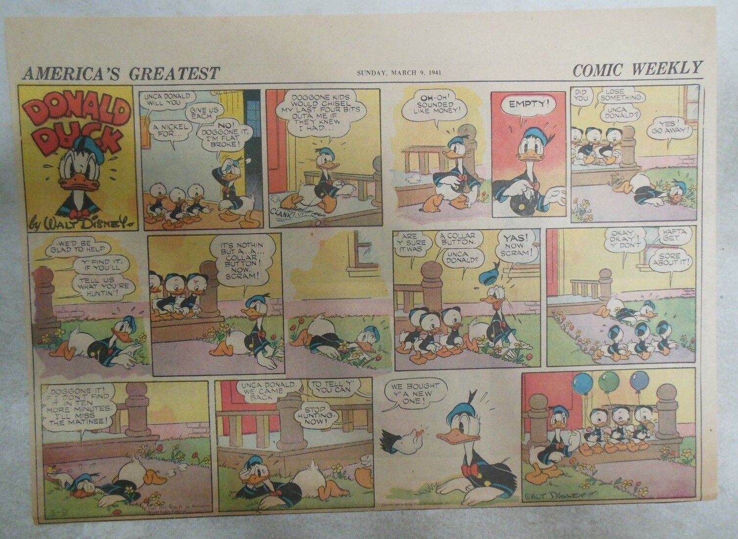 Donald Duck Sunday Page by Walt Disney from 3/9/1941 Half Page Size