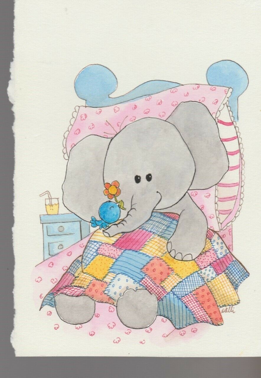 GET WELL SOON Cartoon Cute Elephant in Bed 