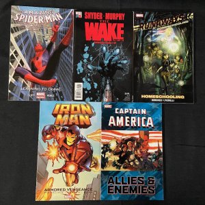 IRON MAN, CAP AMERICA, RUNAWAYS, THE WAKE, SPIDER-MAN TRADE PAPERBACKS VF/NM
