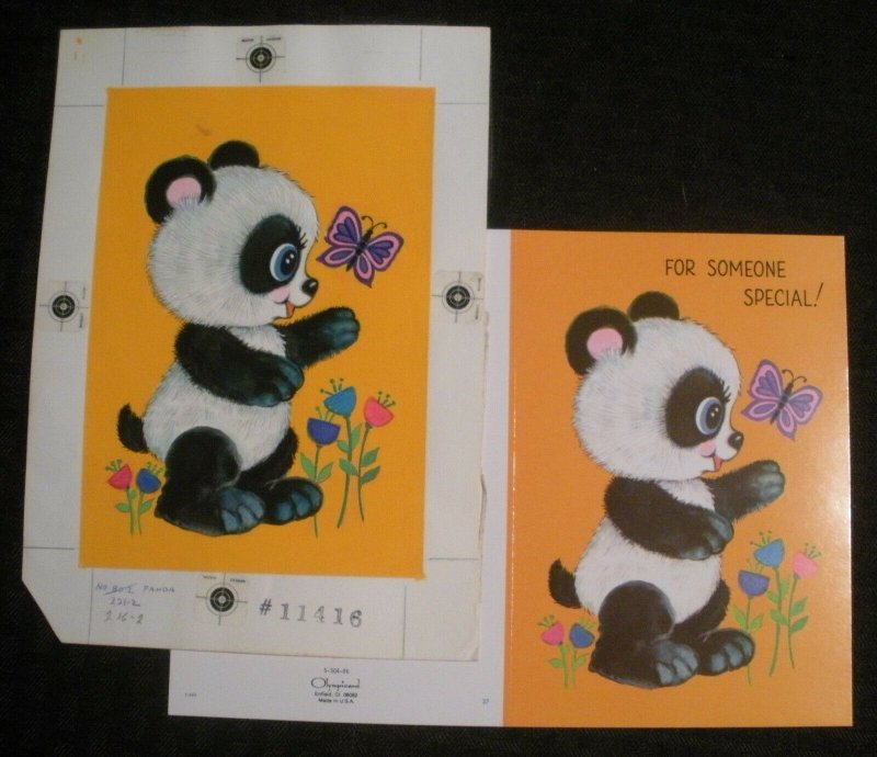 HAPPY BIRTHDAY Cute Panda w/ Butterfly Flowers 6x8.5 Greeting Card Art #11416