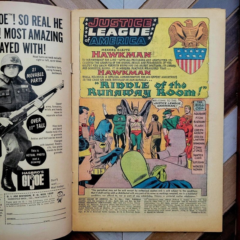 JUSTICE LEAGUE #31 VG (DC 1964) HAWKMAN Joins the JLA. HAWKGIRL Cameo Silver Age