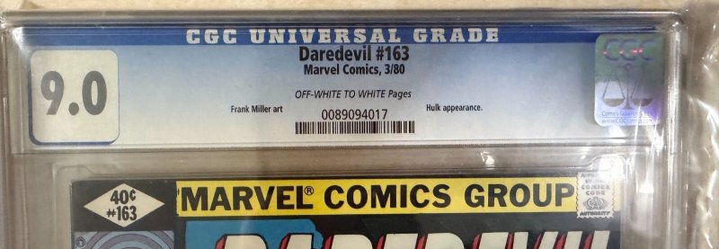 Daredevil #163 CGC 9.0 OWW Marvel 1980 Frank Miller Art Hulk Appearance