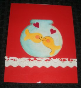 VALENTINE Cartoon Goldfish Kissing 5x6.5 Greeting Card Art #3232