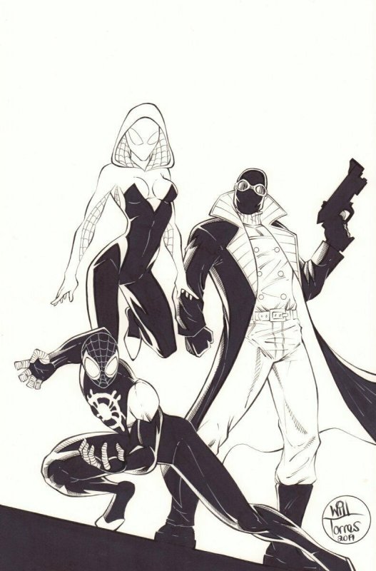 Spider-Man Miles Morales, Spider-Gwen Stacy & Spider-Man Noir art by Will Torres