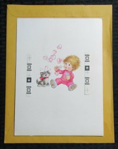 BIRTHDAY Cute Girl Blowing Bubbles with Kitten 7x9.5 Greeting Card Art #B8143