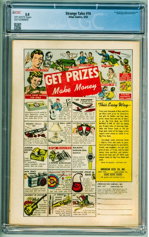 Strange Tales #16 (1953) CGC 5.0! OW Pages!