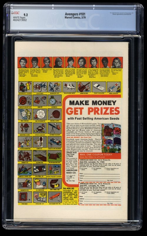 Avengers #181 CGC NM- 9.2 White Pages 1st Appearance Scott Lang! Ant Man!