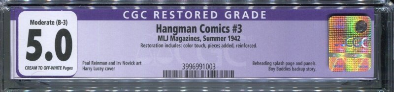 HANGMAN COMICS #3 CGC 5.0  (Restored) MLJ Classic cover 