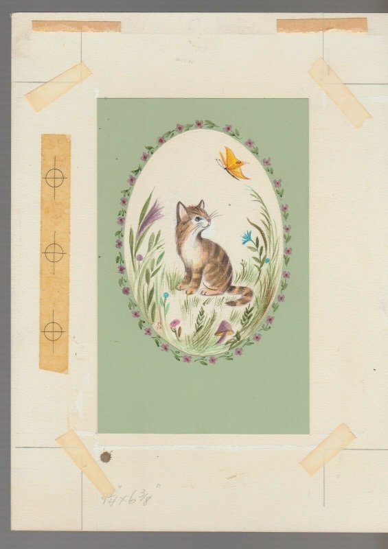 BIRTHDAY Painted Cat w/ Butterfly & Oval Border 7x9 Greeting Card Art #B1516