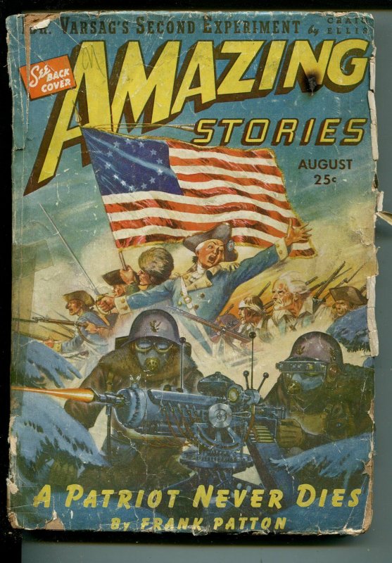 Amazing Stories 8/1943-Ziff-Davis-pulp sci-fi-American flag cover-Patton-FR