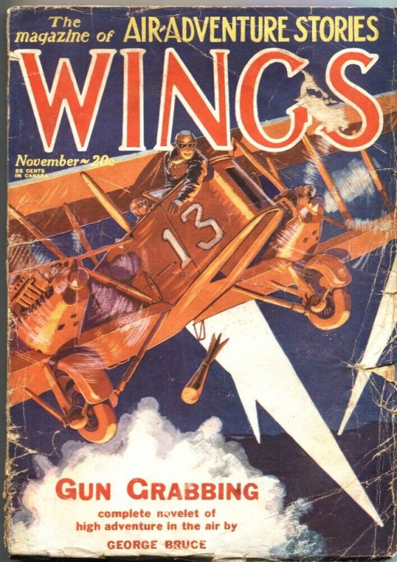 WTNGS-NOV 1928-FICTION HOUSE PULP-AIR ADVENTURES-BIPLANE BOMBING COVER