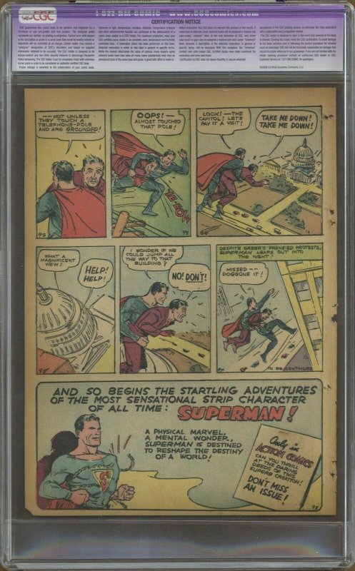 Superman #1 Page 9 ONLY CGC PG Reprints Last 2pgs 1st Story from Action Comics 1