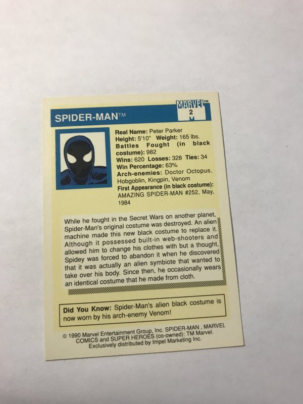 SPIDER-MAN #2 card : 1990 Marvel Universe Series 1, NM/M, Black Costume