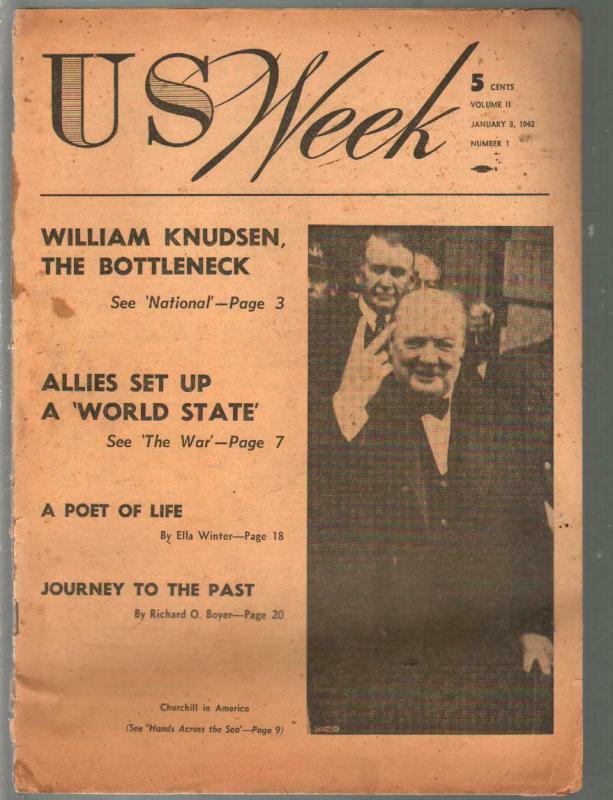 US Week 1/3/1942-Winston Churchill-WWII era-newsprint-Hitler cartoon-FR/G