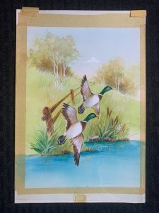 FATHERS DAY Painted Mallard Ducks Flying w/ Fence 6x9 Greeting Card Art #18578