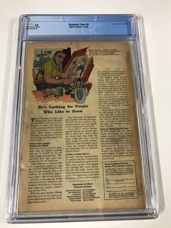 Fantastic Four 9 Cgc 3.0 Ow Pages Marvel Silver Age