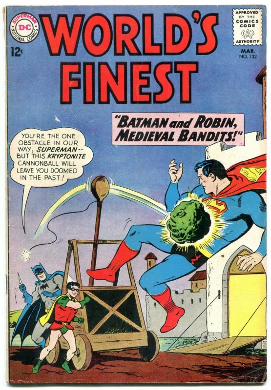 WORLDS FINEST #132 1963-CATAPULT COVER-BATMAN-SUPERMAN G/VG