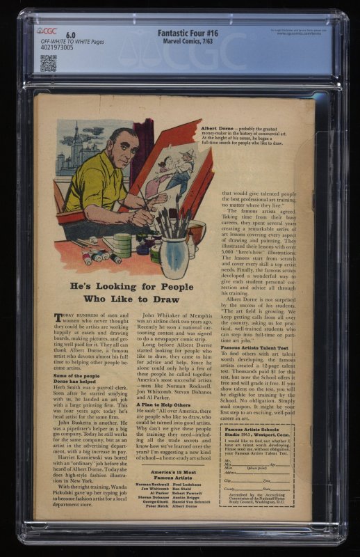 Fantastic Four #16 CGC FN 6.0 Off White to White Doctor Doom Appearance!