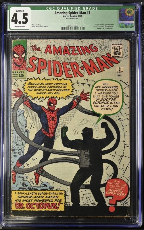 AMAZING SPIDER-MAN #3 CGC 4.5 1st App Doctor Octopus! Marvel 1963 Qualified MCU