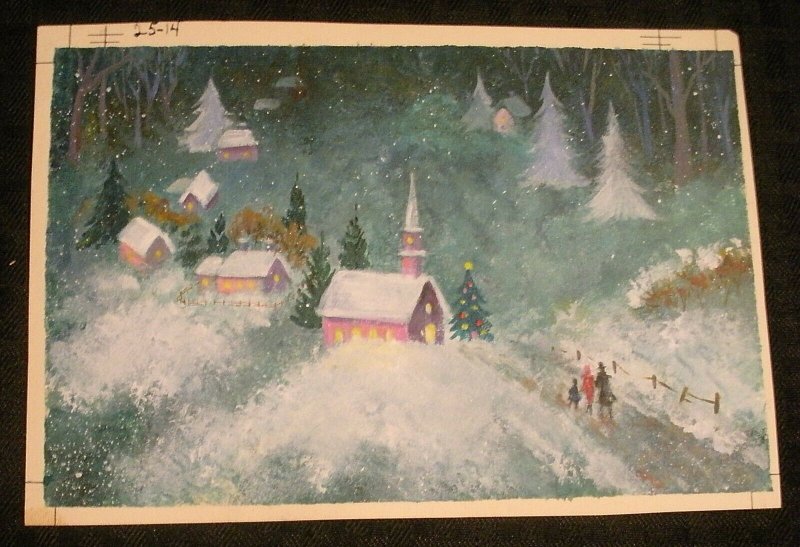 CHRISTMAS Winter Night Scene w/ Glowing Church 8x5.5 Greeting Card Art #2514