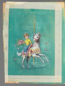 MOTHERS DAY Cute Boy on Carosel Horse & Flowers 7x9 Greeting Card Art #MD7520