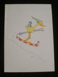 VALENTINE Cartoon Chicken & Bird Skiing 6.5x9 Greeting Card Art #FL437