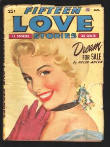 Fifteen Love Stories 1/1952-Pin-up girl portrait cover-Pulp fiction by Helen ...