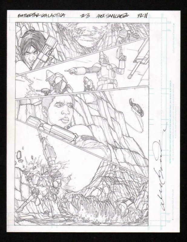 Battlestar Galactica #3 pg11 Original Pencil art  ALEX SANCHEZ Cylon battle page