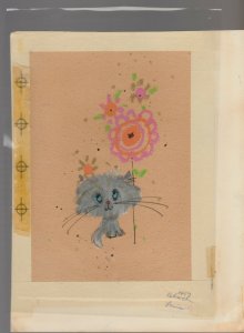 MISSING YOU Cute Cartoon Cat w/ Pink Flower 7.5x9.5 Greeting Card Art #M1459