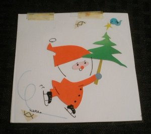 CHRISTMAS Santa Claus Ice Skating w Bird Tree 4.5x4.5 Greeting Card Art #450-14