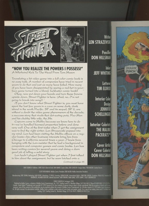 (1993) Street Fighter #1: KEY ISSUE! COMIC ADAPTATION OF THE GAME! (8.5/9.0)