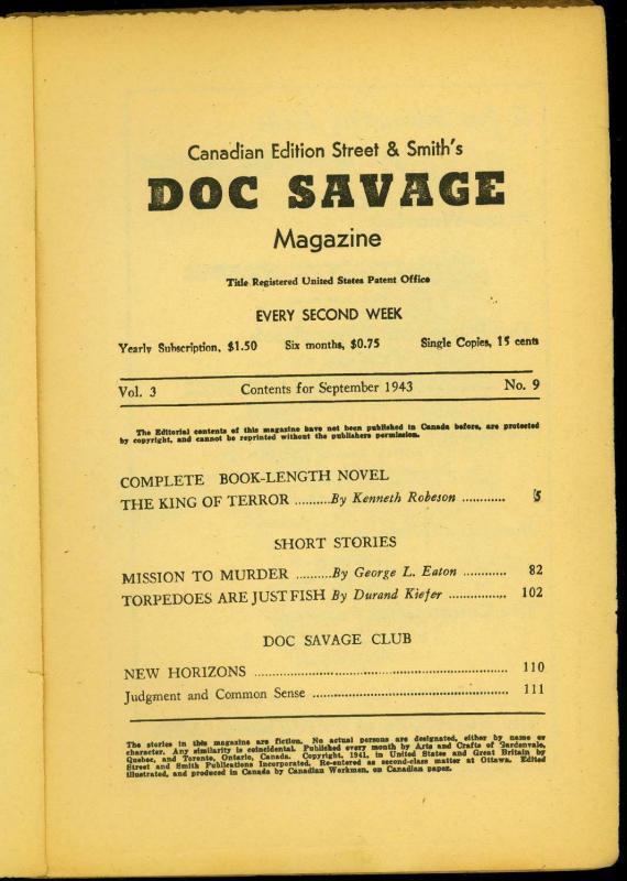 Doc Savage Pulp 9/1943- Canadian ed- King of Terror- Reading copy