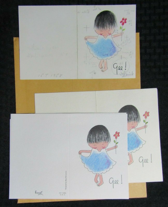 GEE THANKS Girl Curtsy in Blue Dress 4x5 Greeting Card Art #T1958 with 5 Cards