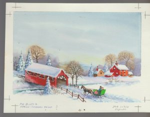 CHRISTMAS Snowy Landscape with Red Covered Bridge 8x6 Greeting Card Art #10710A